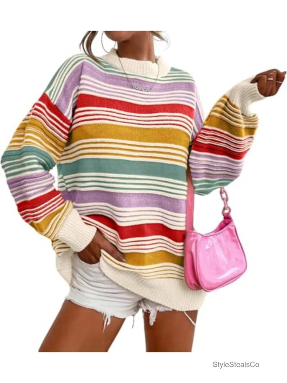 Oversized Striped Knit Tunic Sweater Long Lantern Sleeve Crew Neck Pullover